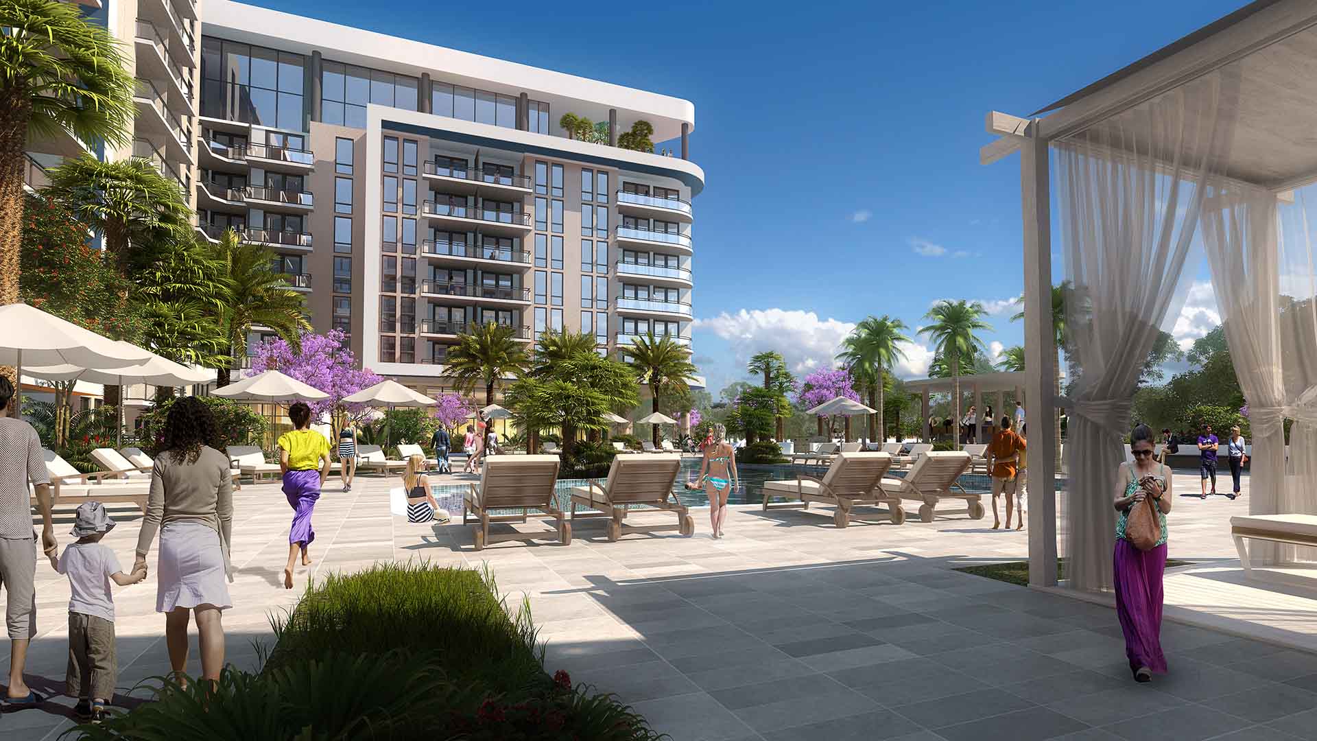 Rendering of Avion pool area with lounge chairs and cabanas.