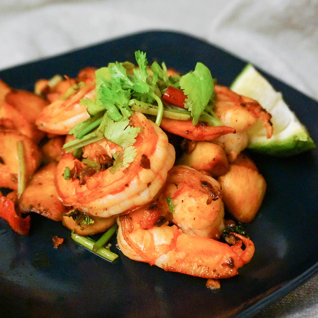 Plate with shrimp dish.
