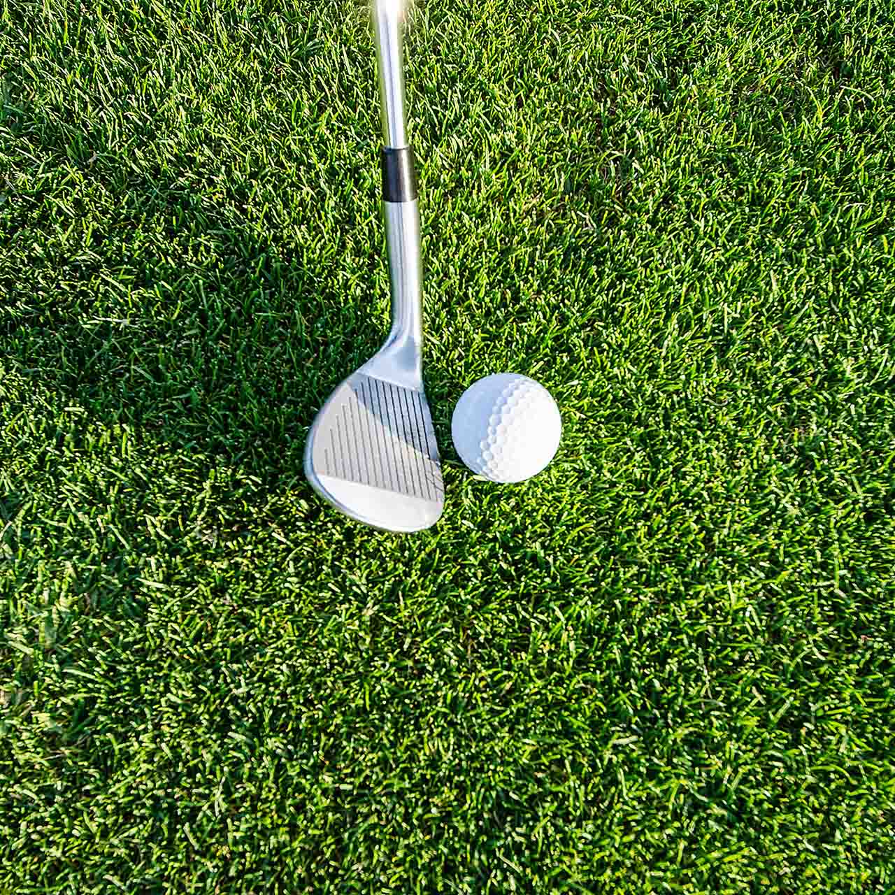 Grass with golf ball and club.
