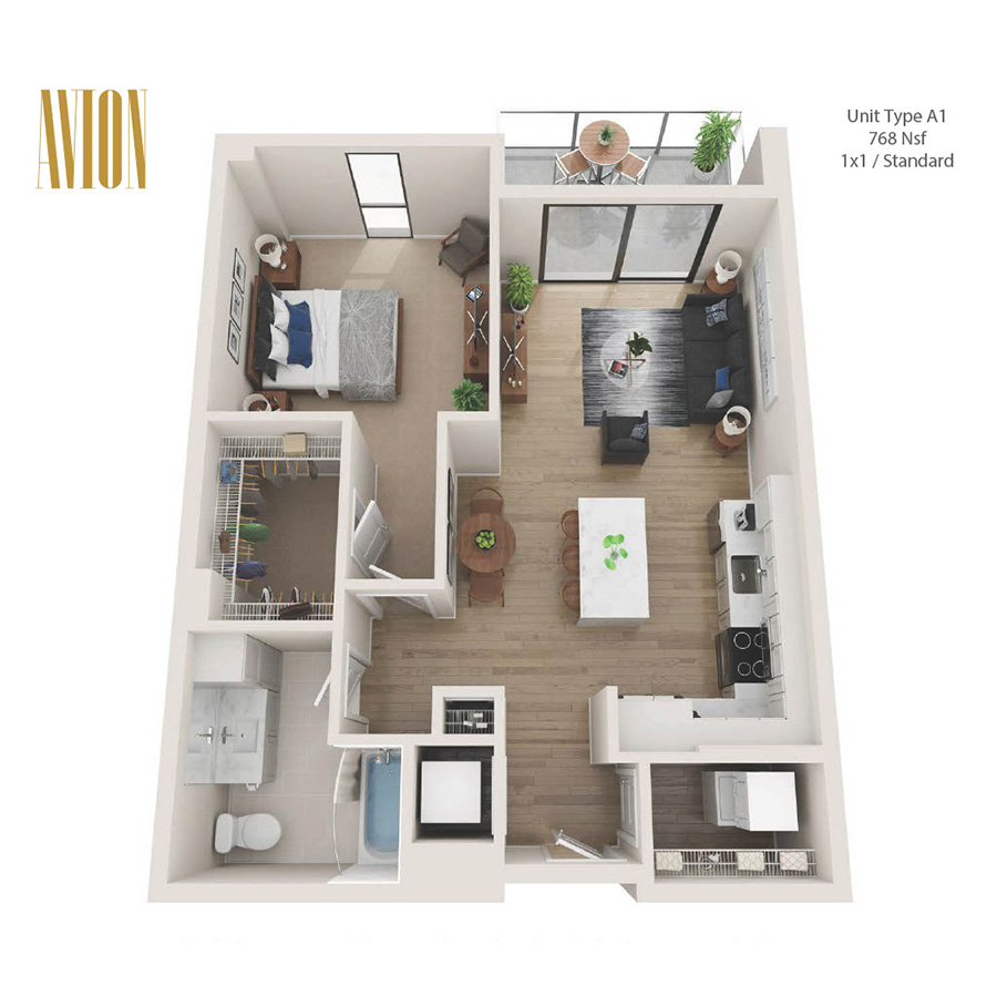 Rendering of the A1 floor plan with 1 bedroom[s] and 1 bathroom[s] at Avion Riverwalk