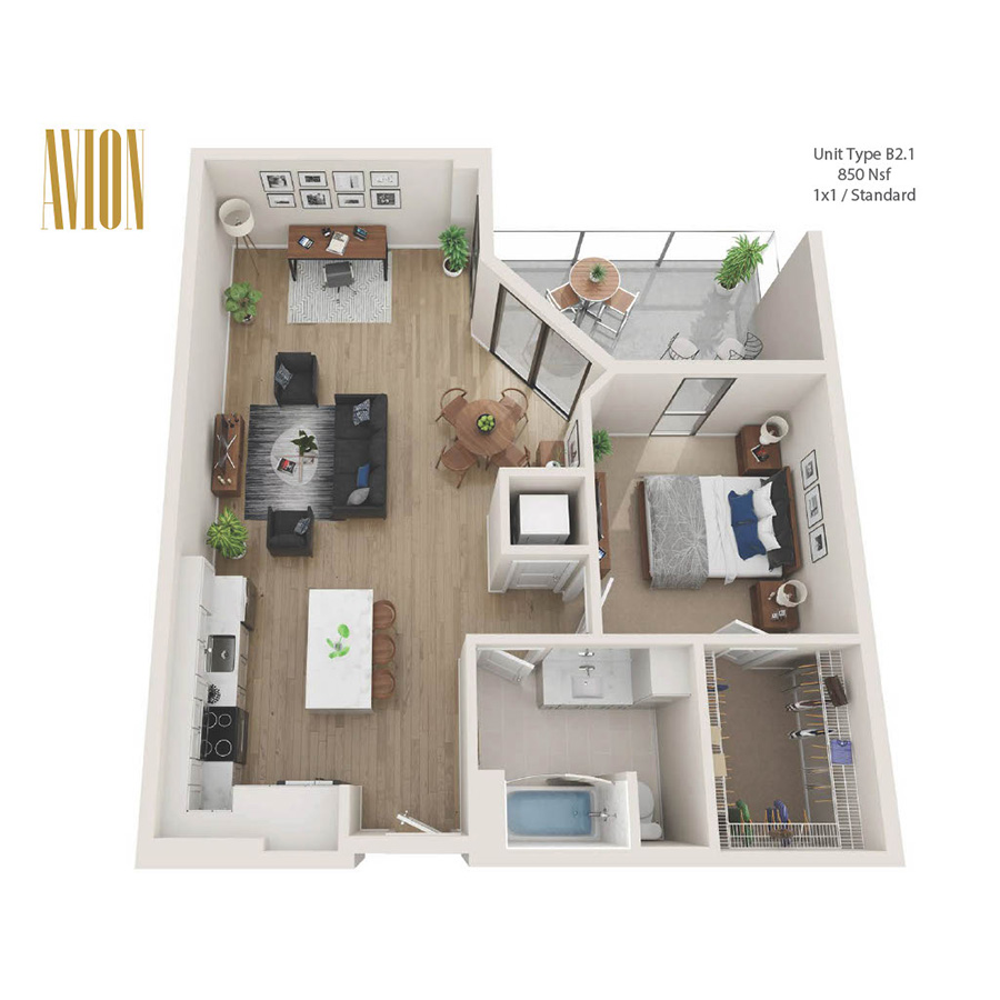 Rendering of the B2.1 floor plan with 1 bedroom[s] and 1 bathroom[s] at Avion Riverwalk