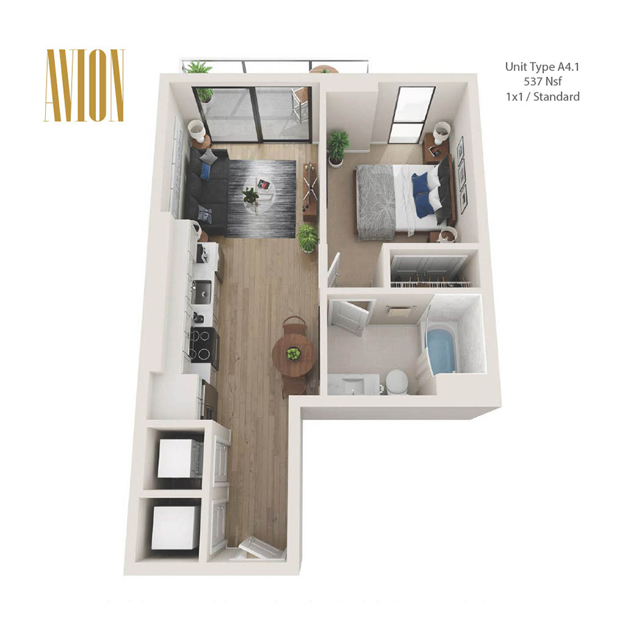 Rendering of the A4.1 floor plan with 1 bedroom[s] and 1 bathroom[s] at Avion Riverwalk
