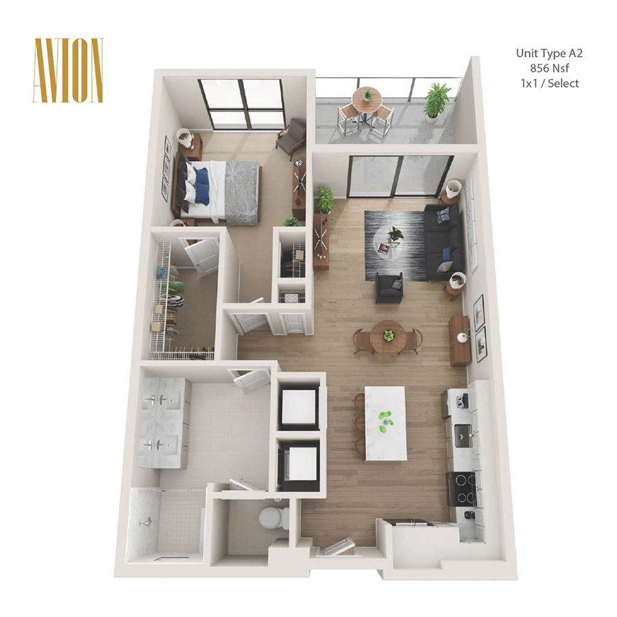 Rendering of the A2 floor plan with 1 bedroom[s] and 1 bathroom[s] at Avion Riverwalk