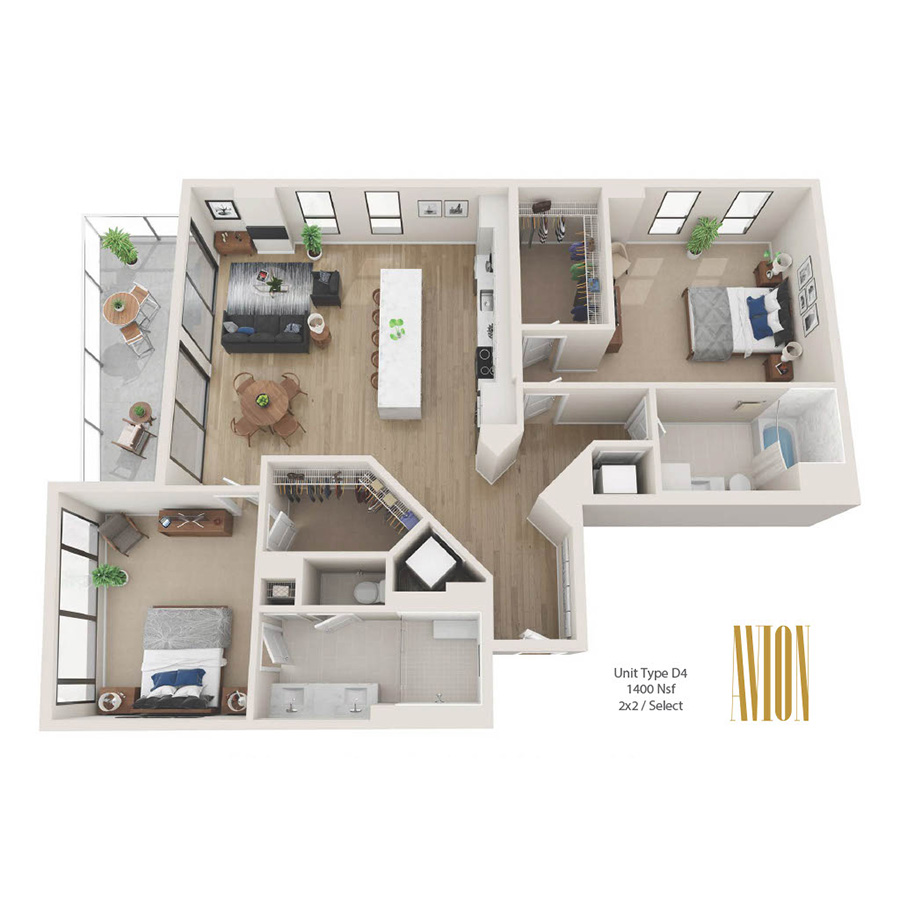 Rendering of the D4 floor plan with 2 bedroom[s] and 2 bathroom[s] at Avion Riverwalk